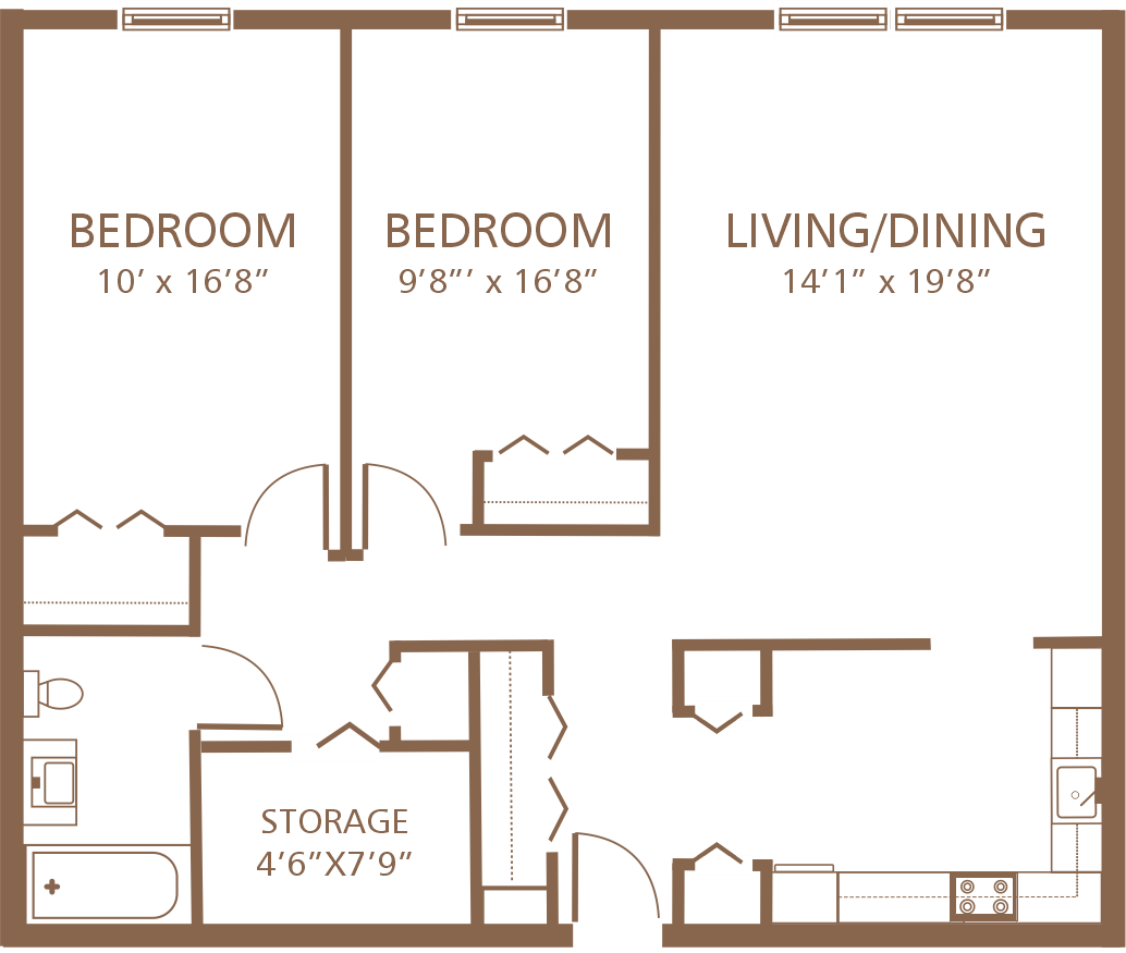 Floor plan for 2 beds, 1 bath, 958 sqft